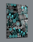 Elegant blue floral design on black background, high-quality glass wall art by SRD Concept.