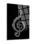 Müzik notası temalı şık cam tablo, farklı müzik türlerini vurgulayan modern tasarım.