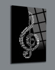 Müzik temalı cam tablo, notalar ve müzik türlerini içeren modern tasarım.