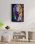 Vibrant lion art on glass, perfect for modern home decor, showcasing unique SRD concept design and UV printing.