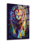 Vibrant lion art print featuring colorful splashes on a glass surface, ideal for home decor.