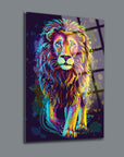 Colorful lion artwork on glass, vibrant design reflecting modern artistic style and creativity.