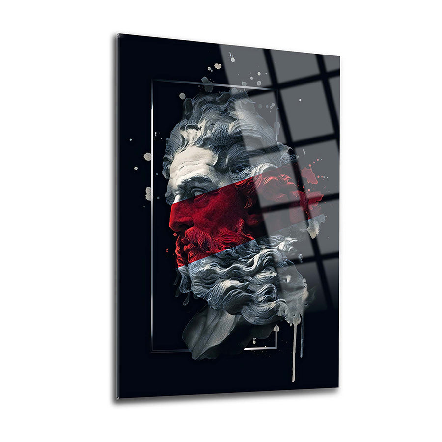 Artistic Poseidon 2 Cam Tablo featuring a modern interpretation of a classic figure with vibrant colors on tempered glass.