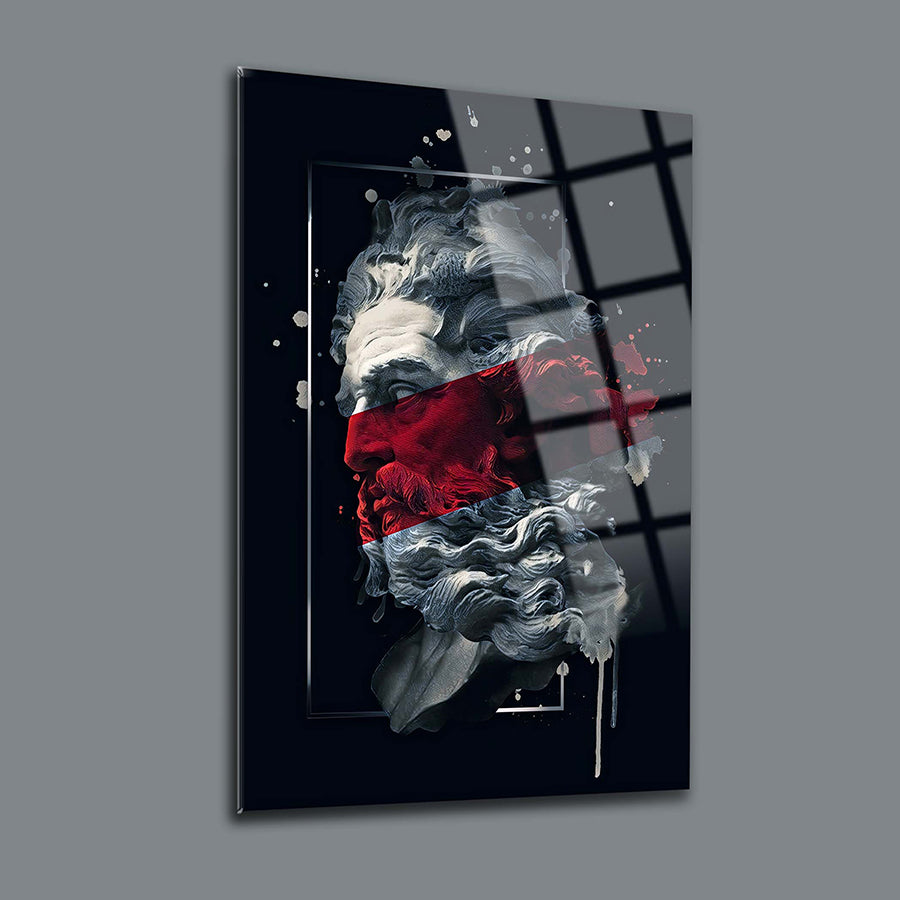 Artistic wall decor featuring a modern interpretation of a classical bust in vibrant colors on glass