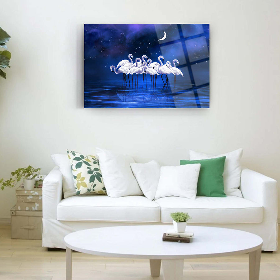 Gece Flamengoları Cam Tablo, modern dekorasyon için şık ve dayanıklı UV baskılı sanatsal tasarım.