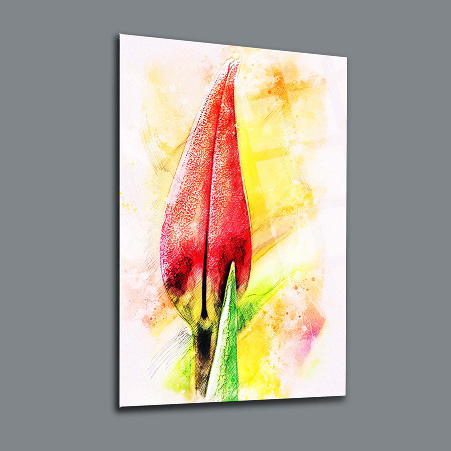 Lale Tomurcuğu Cam Tablo, UV baskı ile özel tasarlanmış, dayanıklı 4 mm kalınlığında temperli cam.