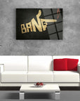 Stylish living room featuring a bold 'BANG' wall art and modern white furniture accentuated with red pillows.