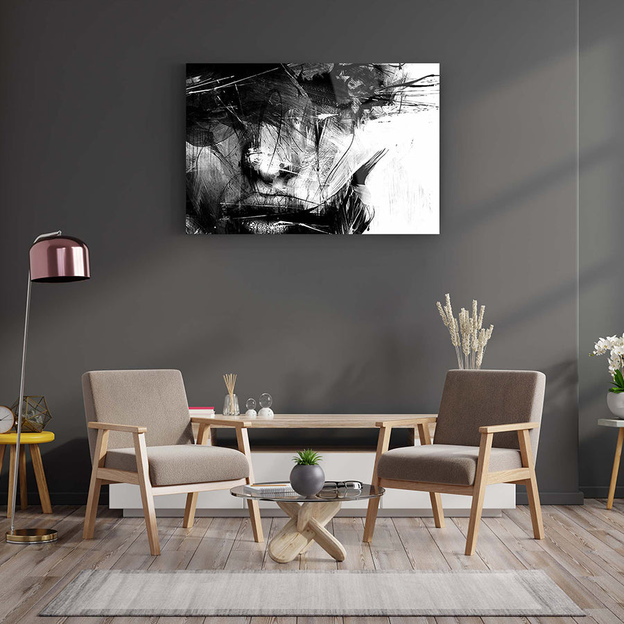 Esrarengiz Kadın Cam Tablo, şık oturma odası dekorasyonu ve modern sanat eseri.