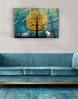 Artistic glass wall art featuring a tree and horses against a vibrant yellow moon, ideal for modern home decor.