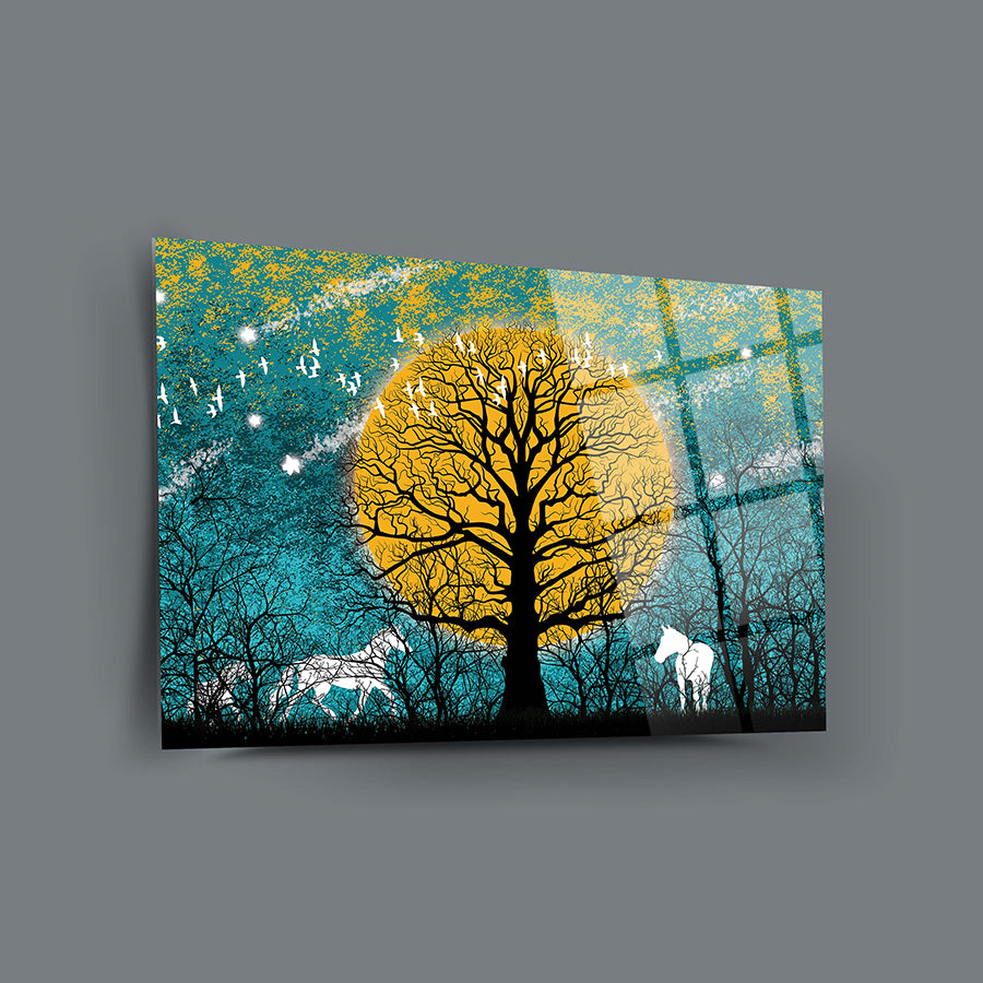 Dolunayda Atlar Cam Tablo; UV baskılı, 4 mm kalınlığında yüksek kaliteli temperli cam üzerinde ağaç ve atlar.