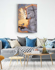 Artistic wolf painting featuring a bird, displayed in a modern living room setting with stylish furniture.