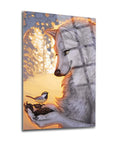 A wolf gently interacting with a bird, showcasing harmony in nature; beautifully illustrated with soft colors.