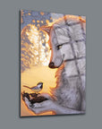Artistic depiction of a wolf gently interacting with a small bird, showcasing nature's harmony.