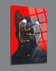 Black cat artwork with golden tears on a vibrant red background, printed on high-quality glass.