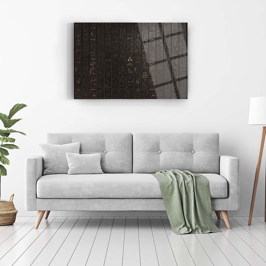Hieroglyphic text cam tablos, modern decor showcasing elegant design on a chic living room wall.