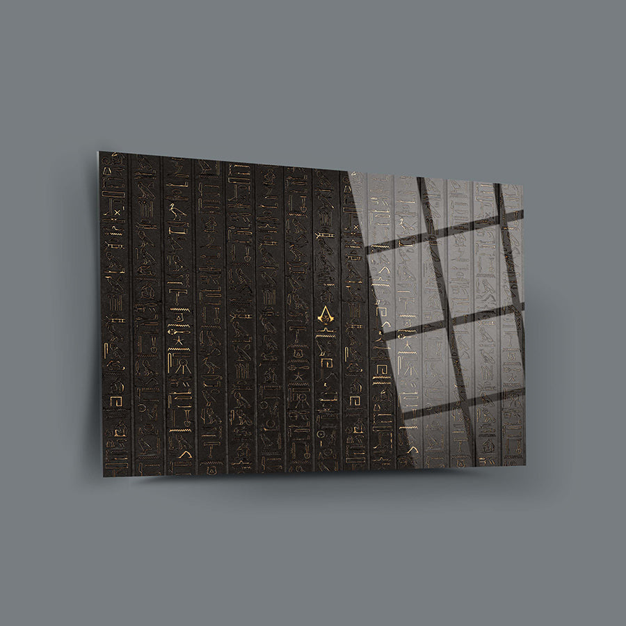 Hieroglyphic design glass art piece, 4 mm thick, durable UV printed decorative wall panel.