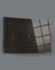 Hieroglyphic design glass art piece, 4 mm thick, durable UV printed decorative wall panel.