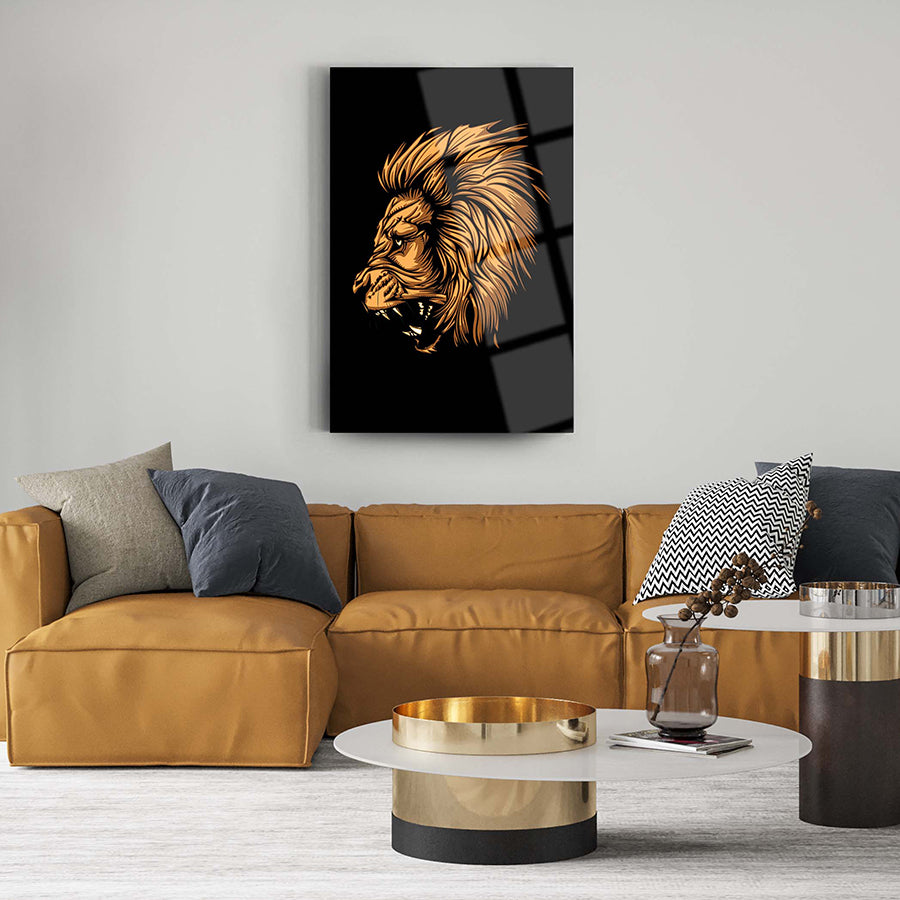 Sarı Aslan cam tablo, modern oturma odası dekoru için şık tasarım, 4 mm kaliteli temperli cam ile üretilmiştir.