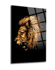 Sarı aslan illüstrasyonu ile şık cam tablo, modern dekorasyon için ideal, dayanıklı ve kaliteli tasarım.