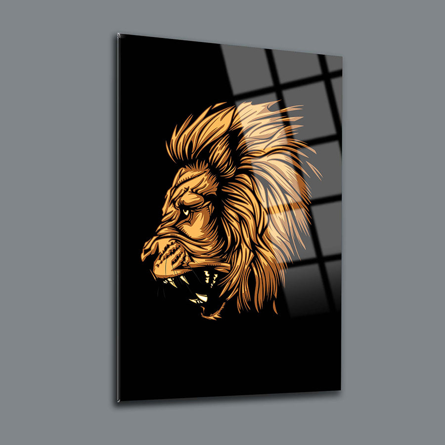 Sarı Aslan Cam Tablo, UV baskı ile yüksek kaliteli camda tasarlanmış şık aslan figürü.