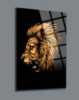 Sarı Aslan Cam Tablo, UV baskı ile yüksek kaliteli camda tasarlanmış şık aslan figürü.