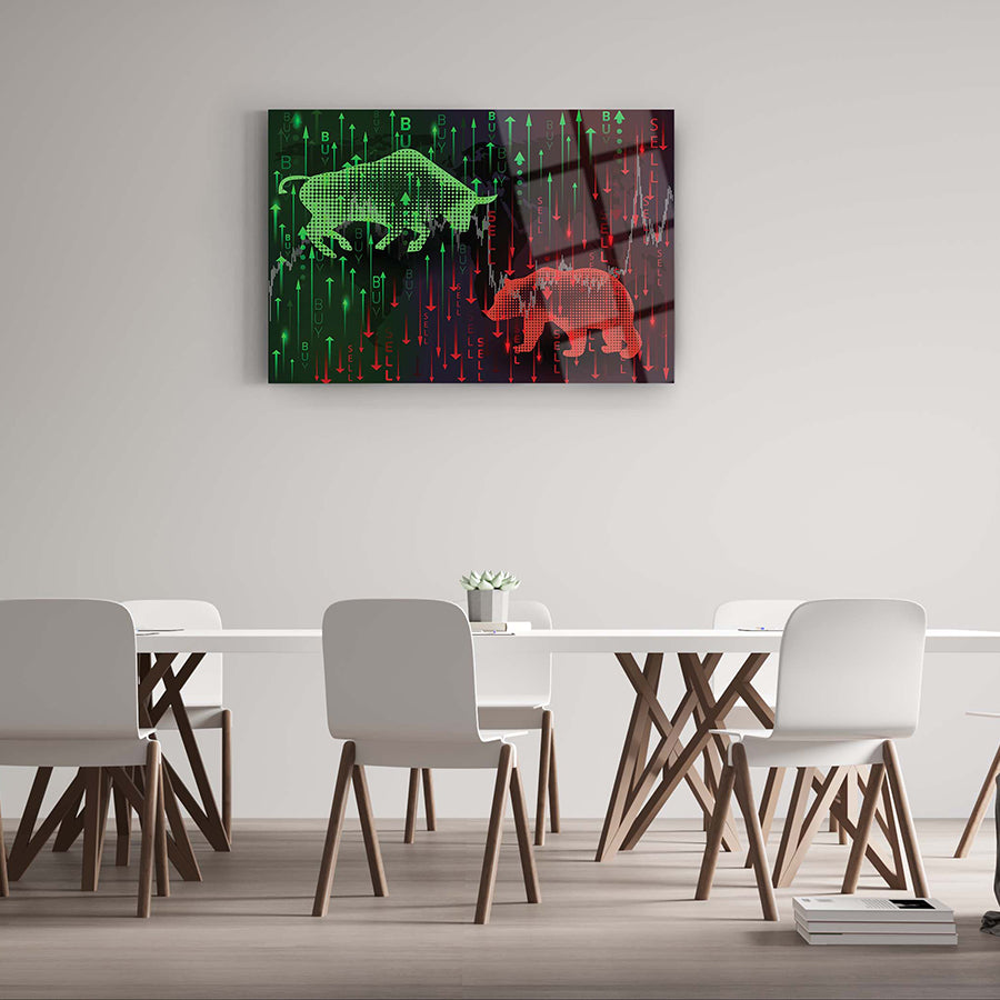 Modern Ayı ve Boğa cam tablo, ofis ortamında şık bir dekorasyon örneği.