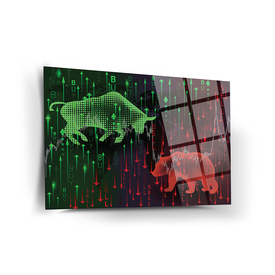 Ayı ve Boğa 2 Cam Tablo, yüksek kaliteli temper cam, modern grafik tasarım, 4 mm kalınlık, UV baskı ile tasarlanmış.