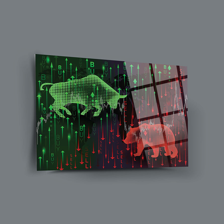 Ayı ve Boğa temalı cam tablo, yüksek kaliteli UV baskı ve tempered camdan üretilmiştir.