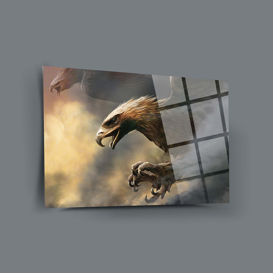 Göklerin Kartalı temalı cam tablo, yüksek kaliteli UV baskı ve temperli camdan yapılmıştır.