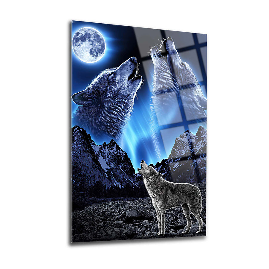 Dolunayda Kurtlar Cam Tablo, ısıya dayanıklı 4 mm kalınlığında UV baskılı yüksek kaliteli cam tasarım.