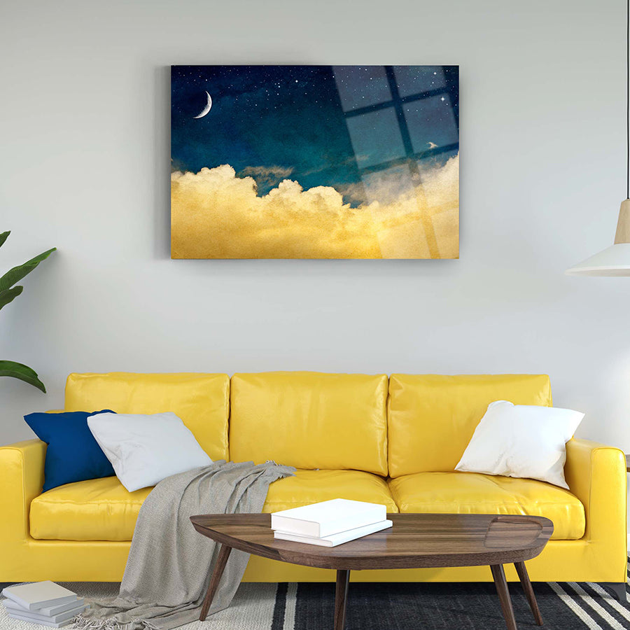 Modern glass artwork featuring clouds and moon, perfect for brightening up your living space.