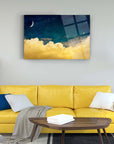 Modern glass artwork featuring clouds and moon, perfect for brightening up your living space.