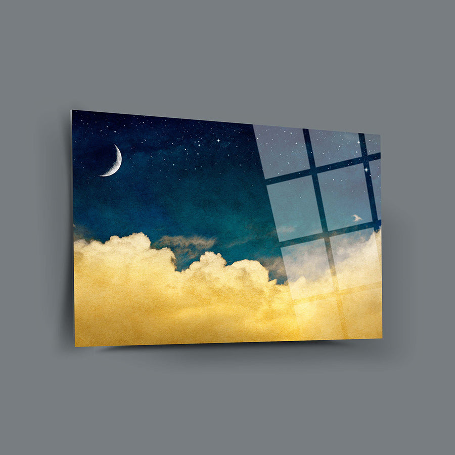 Ay ve bulutlar tasarımıyla şık cam tablo, temperlenmiş cam ve UV baskı ile yüksek kaliteli görsellik sunuyor.