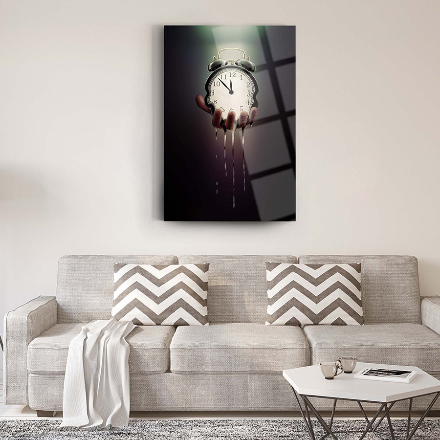 Zamanı Tutmak Cam Tablo, şık bir oturma odası dekoru, modern tasarım ve yüksek kaliteli UV baskı ile.
