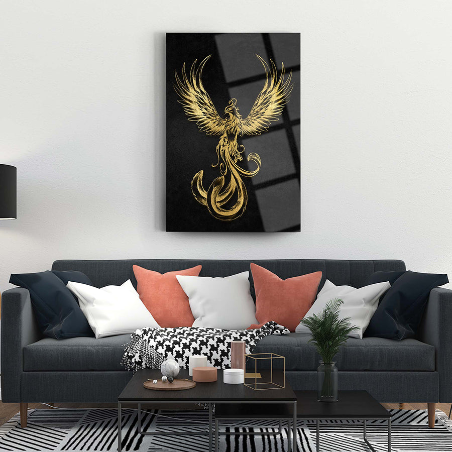 Anka Kuşu Cam Tablo, modern tasarım, zarif altın renkli detaylarla süslenmiş, şık oturma odası dekoru.