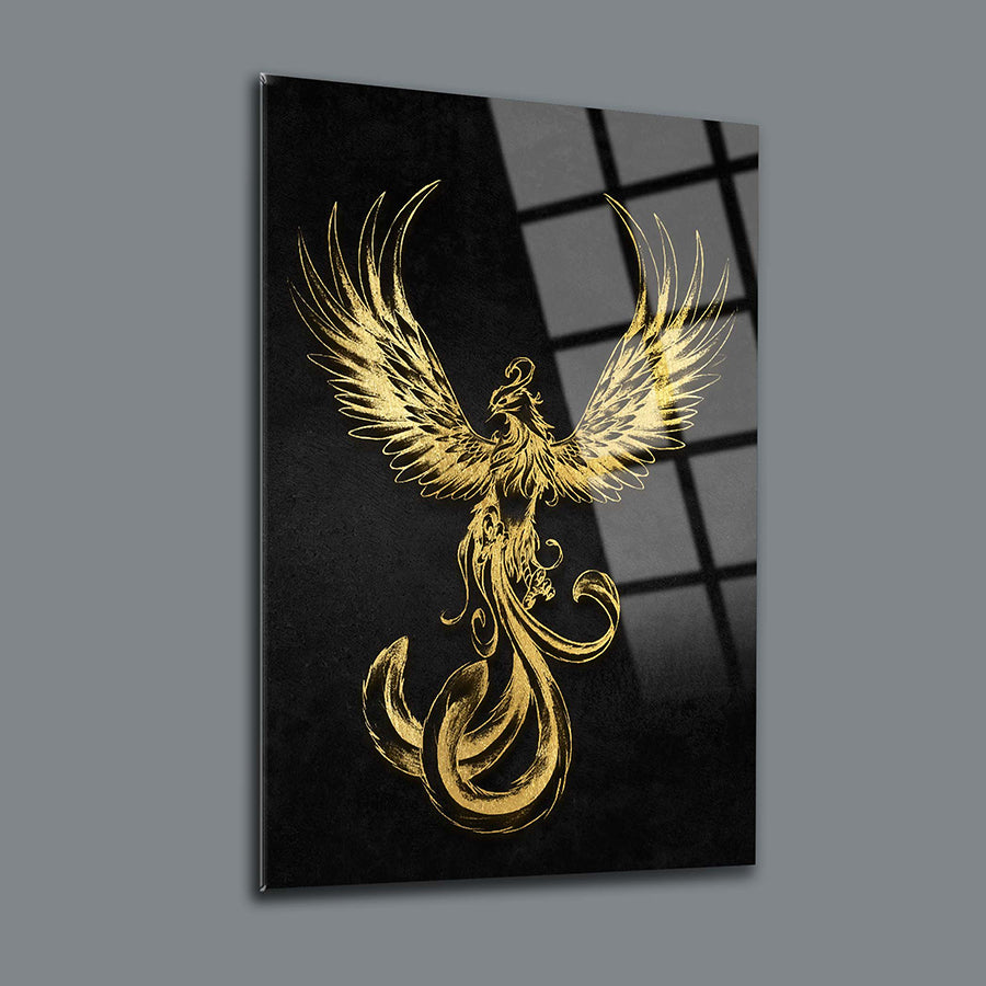 Elegant gold phoenix artwork on a black background, showcasing unique glass design by SRD Concept.