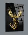 Elegant gold phoenix artwork on a black background, showcasing unique glass design by SRD Concept.