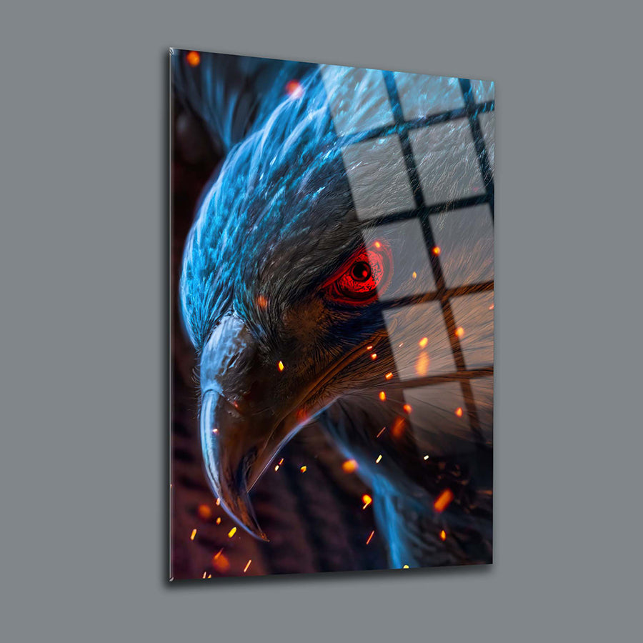 Vibrant Alev Kartalı Cam Tablo featuring a striking eagle with red eyes and dynamic colors.