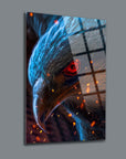 Vibrant Alev Kartalı Cam Tablo featuring a striking eagle with red eyes and dynamic colors.
