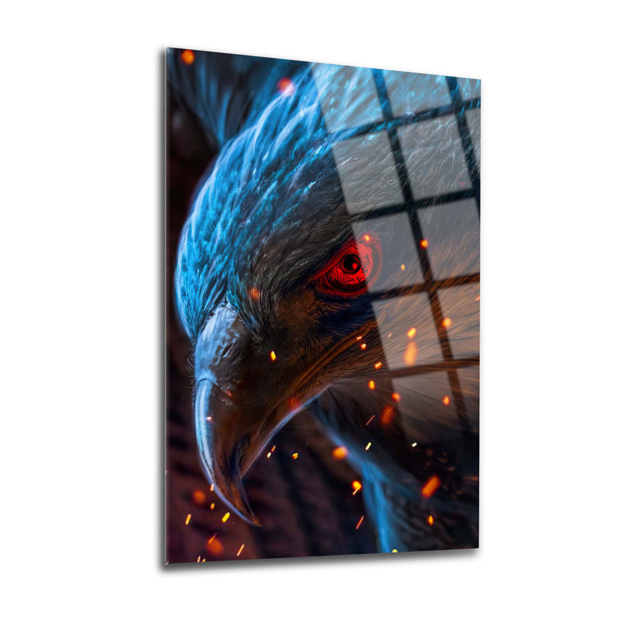Alev Kartalı Cam Tablo with vivid colors and unique design, showcasing an artistic eagle portrait.