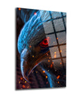 Alev Kartalı Cam Tablo with vivid colors and unique design, showcasing an artistic eagle portrait.