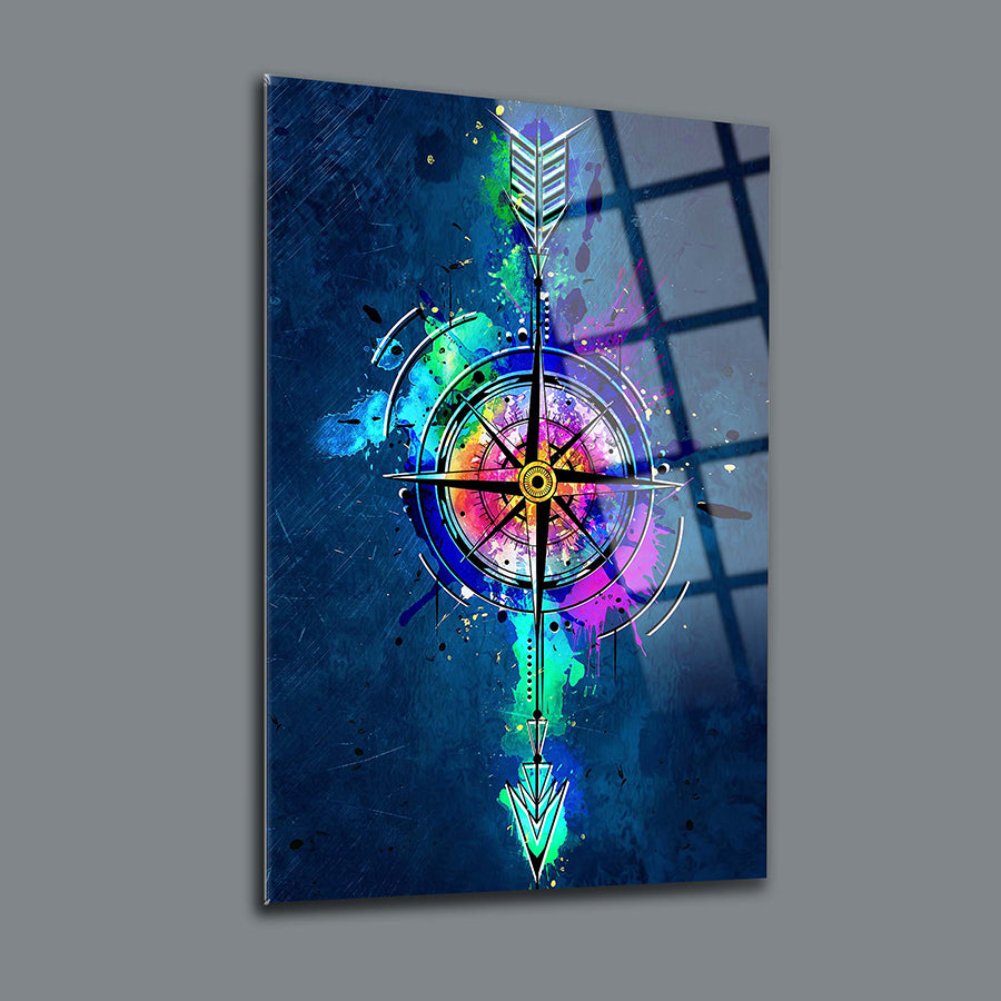 Oklu Pusula Cam Tablo; renkli, şık ve modern tasarım, yüksek kaliteli temperli cam yüzey.