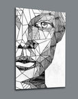 Geometric abstract portrait art on a glass panel showcasing intricate black and white line work.