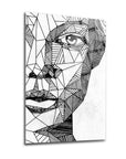 Geometric line art portrait on glass, showcasing intricate black and white design with sharp angles and shapes.