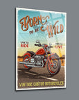 Vintage custom motorcycle poster titled 'Born to be Wild' with retro design and vibrant colors.