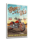 Vintage motorcycle poster with the slogan 'Born to be Wild', showcasing custom designs and a classic bike.