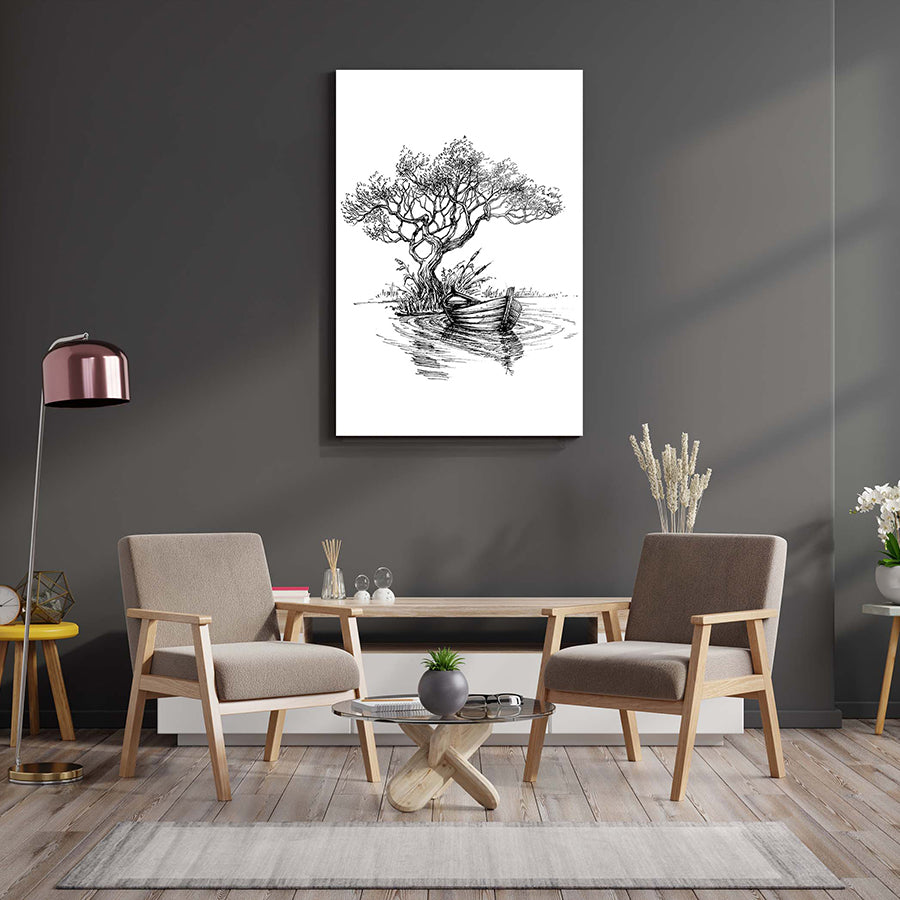Ağacın kayığı temalı siyah-beyaz cam tablo, modern oturma odası dekorasyonu.