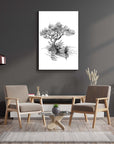 Ağacın kayığı temalı siyah-beyaz cam tablo, modern oturma odası dekorasyonu.