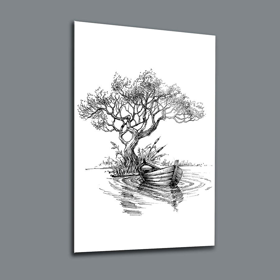 Ağacın kayığı cam tablo, zarif bir ağaç ve teknenin sanatsal tasarımıyla sulak bir alanda soyut bir kompozisyon.