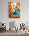 Colorful art piece featuring a woman in a blue dress on a Paris street, adorned with the Eiffel Tower and a charming cat.